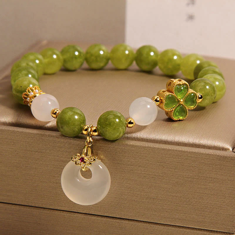 Buddha Stones Green Tourmaline Chalcedony Four Leaf Clover Peace Buckle Charm Wisdom Bracelet