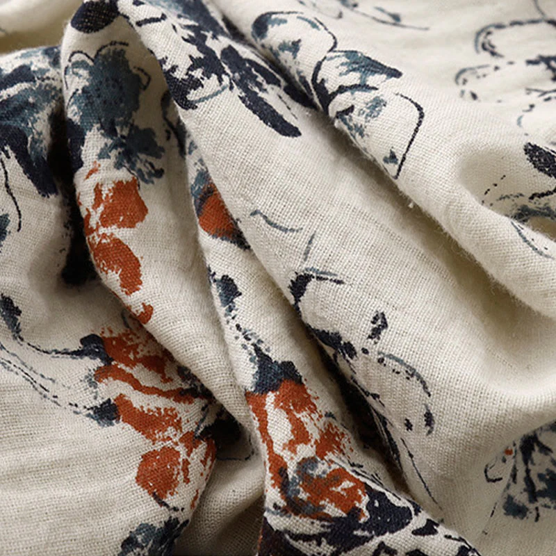 Buddha Stones Casual Small Floral Pattern Crew Neck Cotton Linen Midi Dress With Pockets