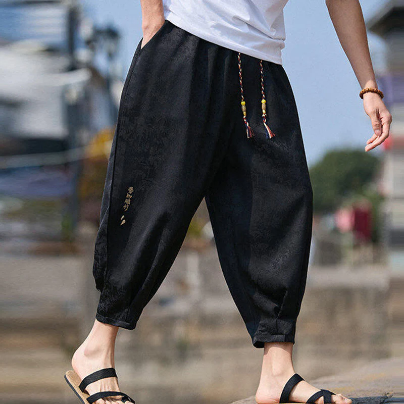 Buddha Stones Summer Character Embroidery Design Drawstring Men's 7-8 Length Pants With Pockets