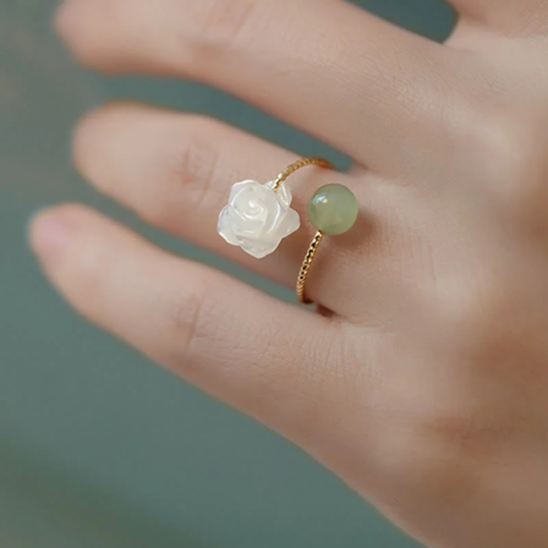 Buddha Stones 14K Gold Plated Tridacna Stone Rose Flower Jade Bead Blessing Ring