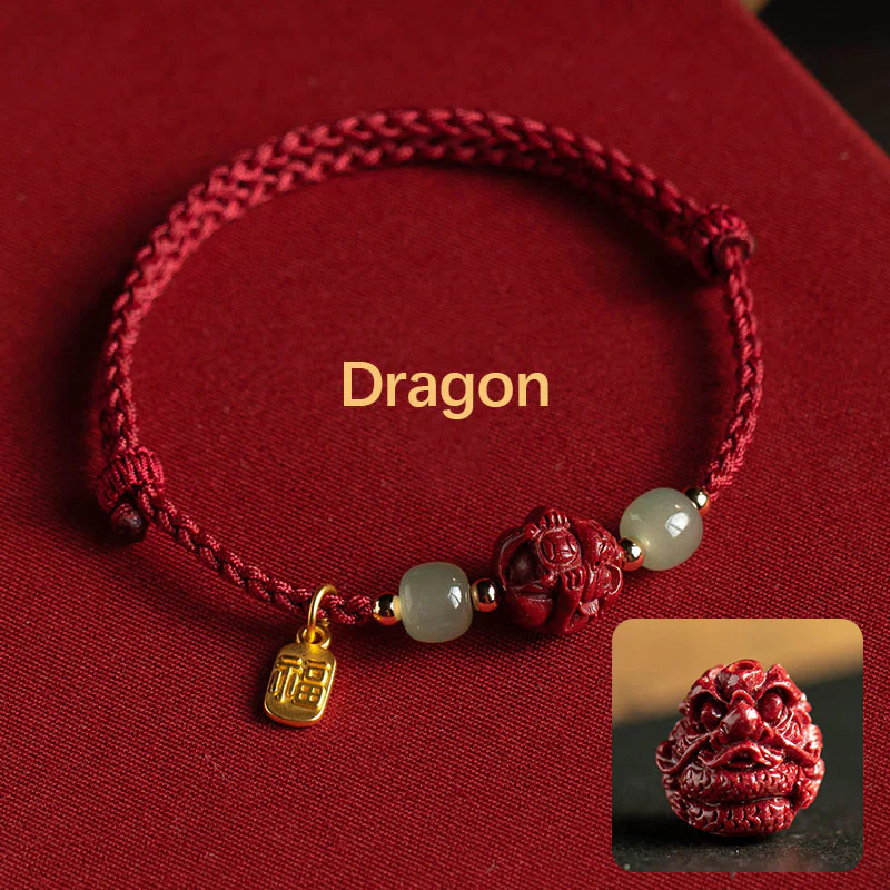 Buddha Stones Natural Cinnabar Chinese Zodiac Hetian Jade Fu Character Luck Rope Bracelet