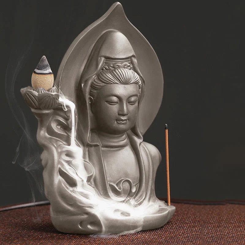 Buddha Stones Tibetan Avalokitesvara Buddha Lotus Healing Backflow Smoke Fountain Incense Burner