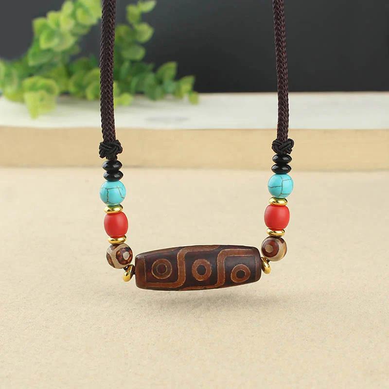 Buddha Stones Tibetan Nine-Eye Dzi Bead Three-eyed Dzi Bead Protection String Necklaces Pendant