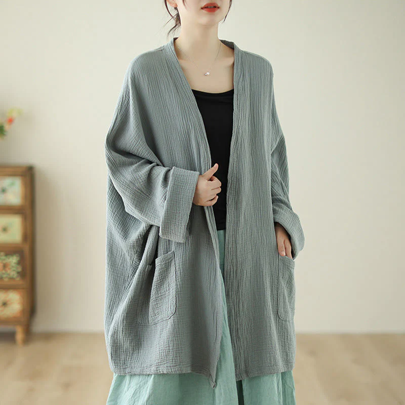 Buddha Stones Plain Long Sleeve Zen Meditation Cotton Linen Jacket With Pockets