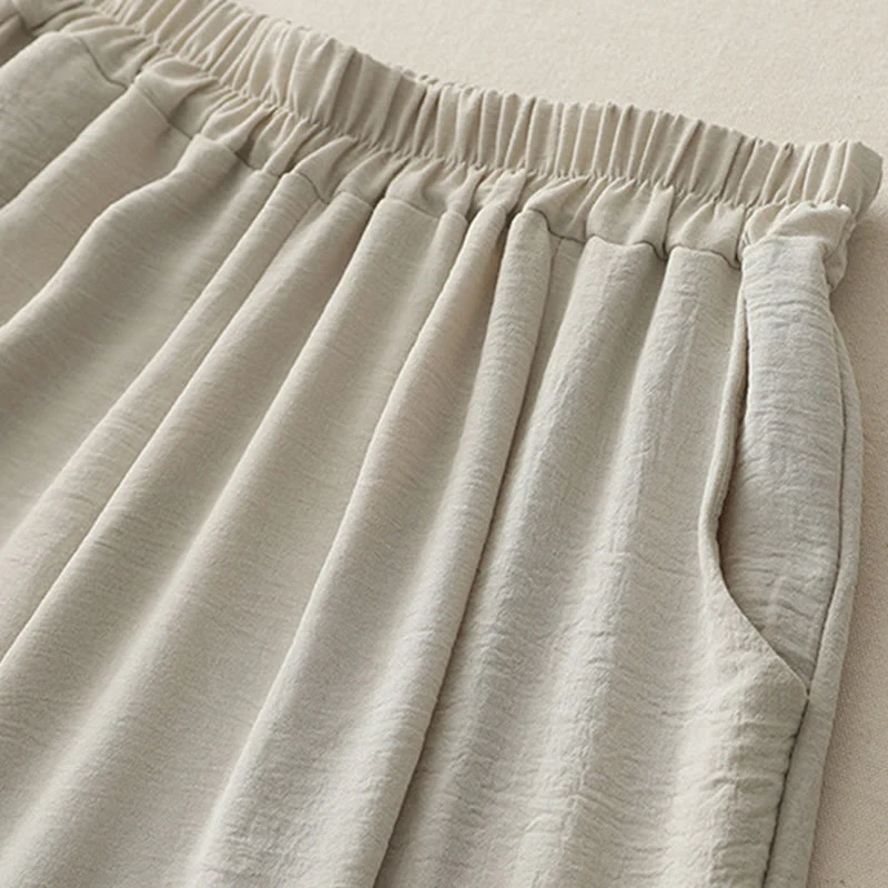 Buddha Stones Commute Casual Plain Frog-Button Design Women's Harem Cotton Linen 7-8 Length Pants With Pockets