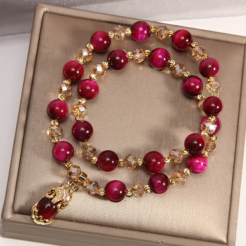 Buddha Stones Tiger Eye Pixiu Fox Money Bag Protection Self Confidence Double Wrap Bracelet