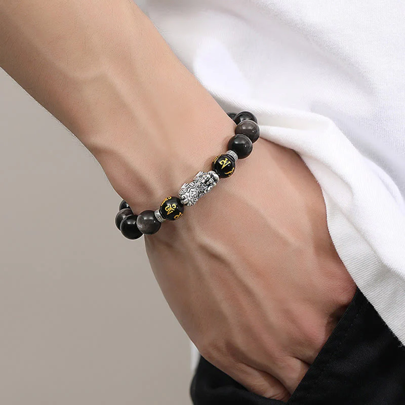 Buddha Stones 999 Sterling Silver PiXiu Natural Black Obsidian Strength Bracelet