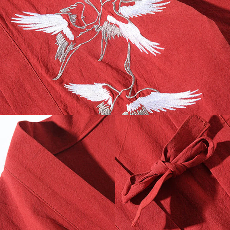 Buddha Stones Embroidery Flying White Cranes Cotton Linen Open Front Jacket Men's Kimono