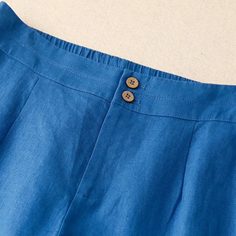 Buddha Stones Summer Casual Simple Design Linen Women's Wide Leg Pants With Zipper Pockets