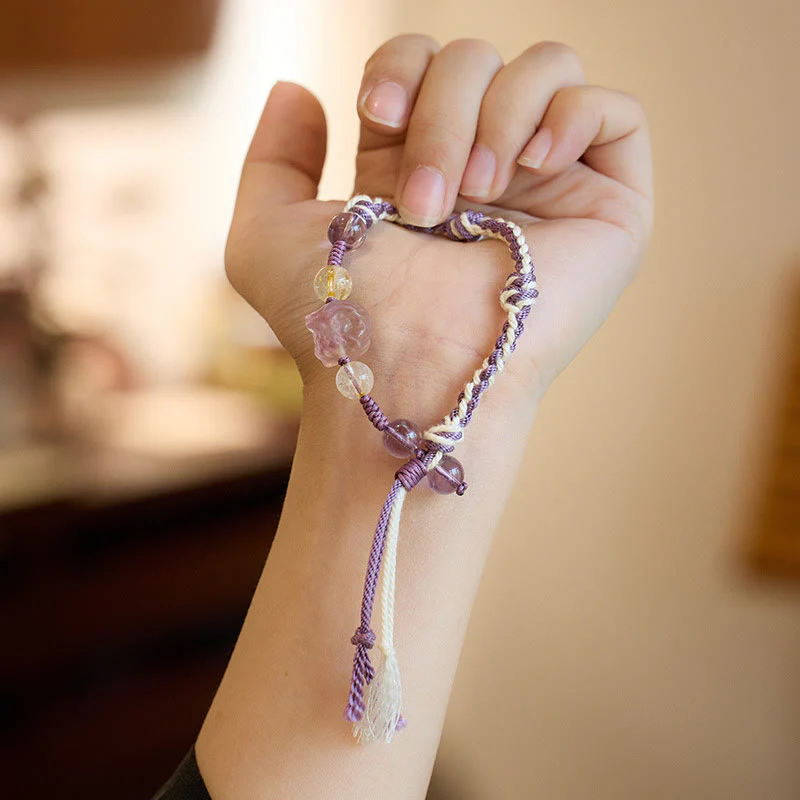 Buddha Stones Natural Fluorite Amethyst Silver Sheen Obsidian Tiger's Eye Protection Rope Bracelet