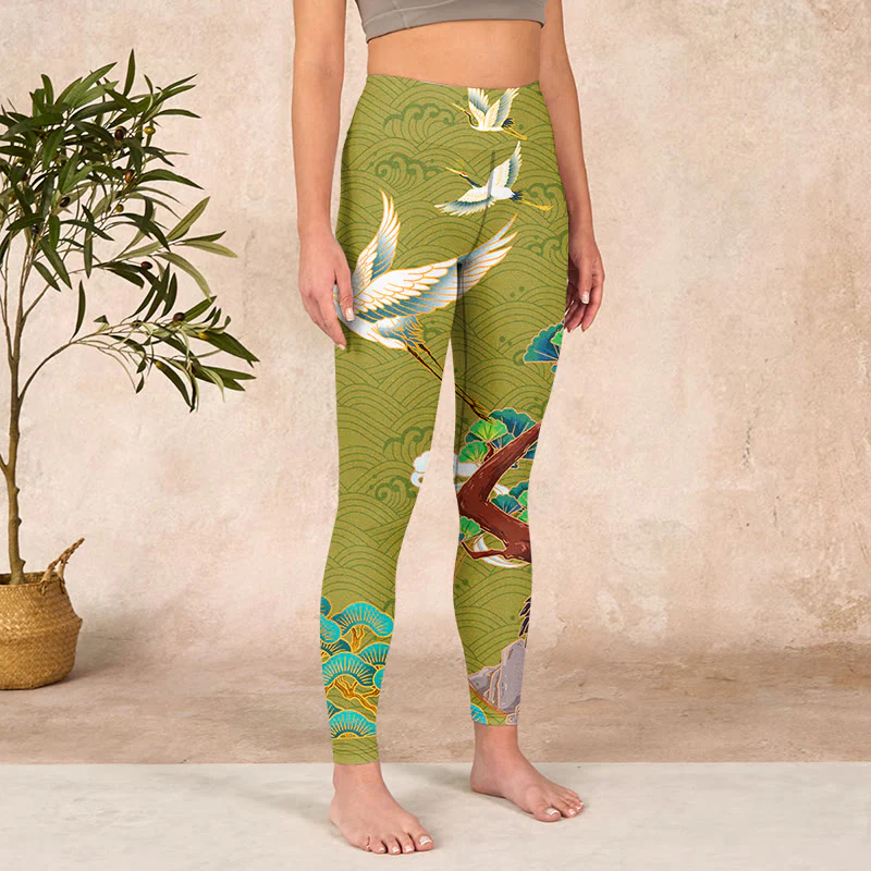 Buddha Stones Flying Cranes Auspicious Clouds Trees Print Gym Leggings Women's Yoga Pants