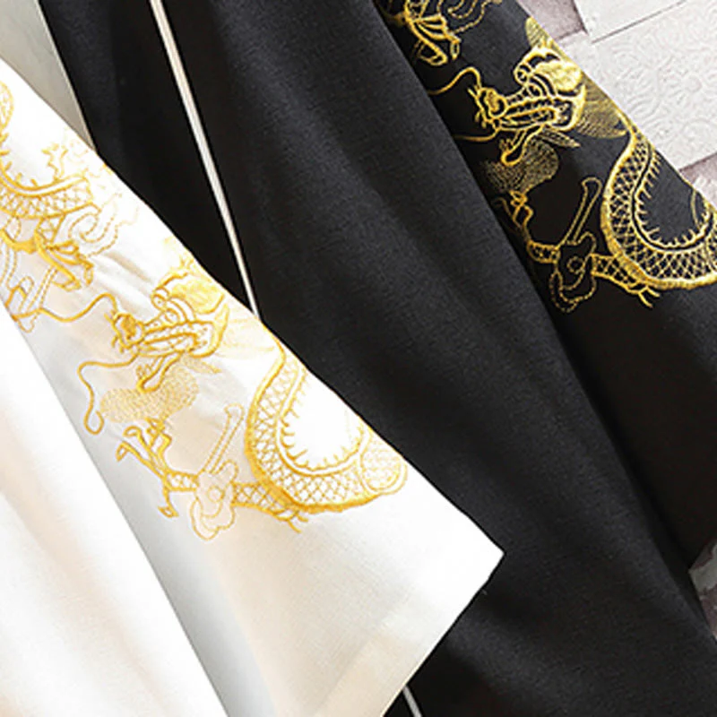 Buddha Stones Embroidery Dragon Phoenix Auspicious Cloud Waves Leaves Cranes Open Front Jacket Men's Kimono