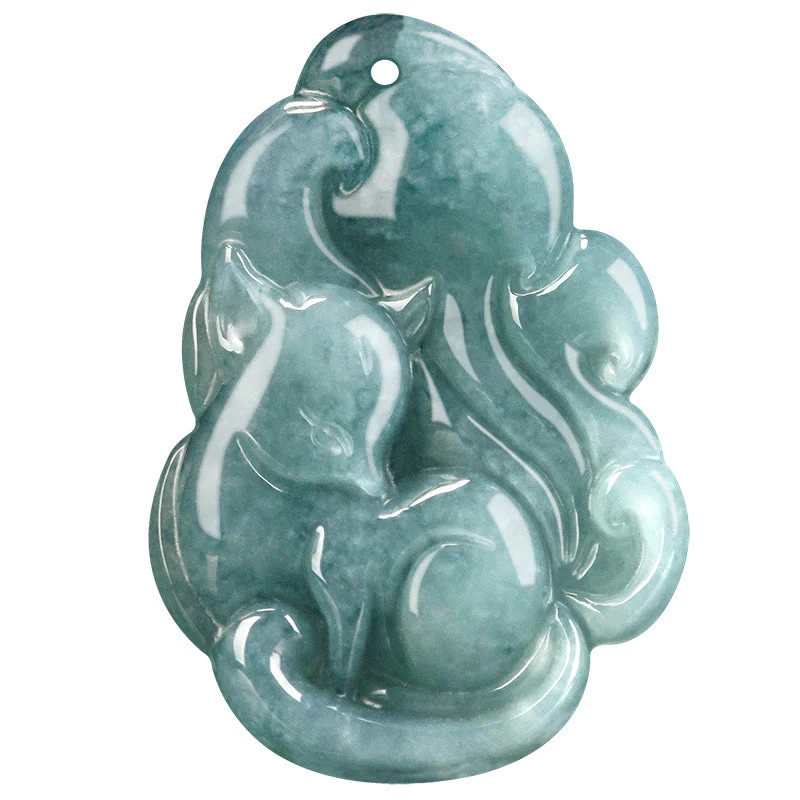 Buddha Stones Natural Green Jade Nine Tailed Fox Fairy Prosperity Necklace Pendant