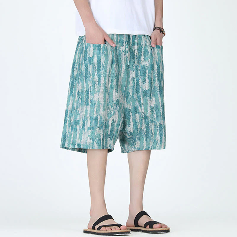 Buddha Stones Summer Stripes Cotton Linen Men's Capri Pants With Pockets