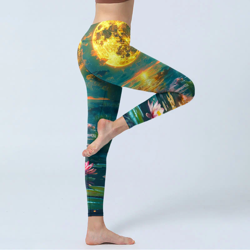 Buddha Stones Full Moon Lotus Flowers Leaves Pattern Print Gym Leggings Women's Yoga Pants