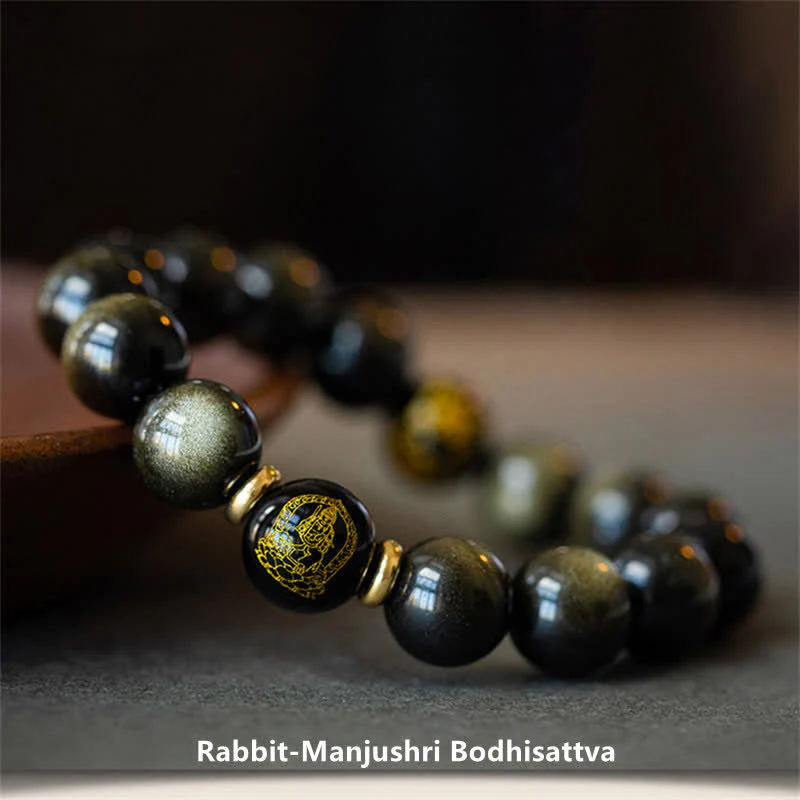 Buddha Stones Chinese Zodiac Natal Buddha Gold Sheen Obsidian Wealth Protection Bracelet