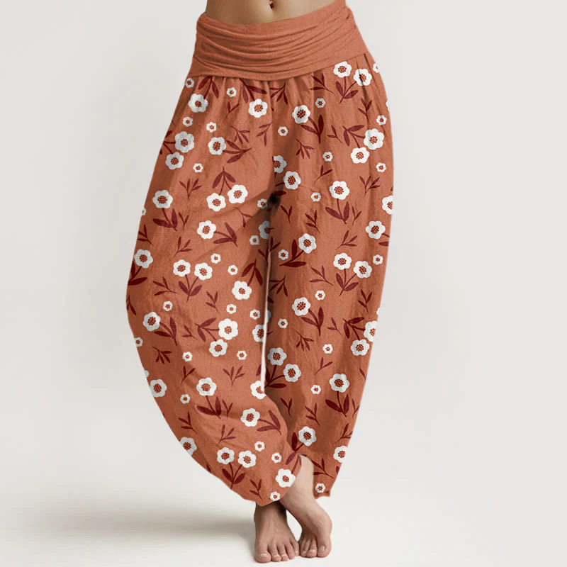 Buddha Stones Casual Simple Flowers Leaves Pattern Women's Elastic Waist Harem Pants