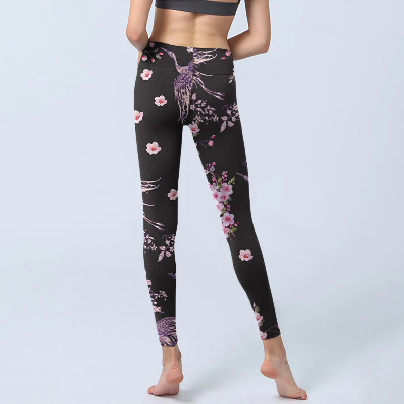 Buddha Stones Pink Flowers Flying Cranes Print Gym Leggings Women's Yoga Pants