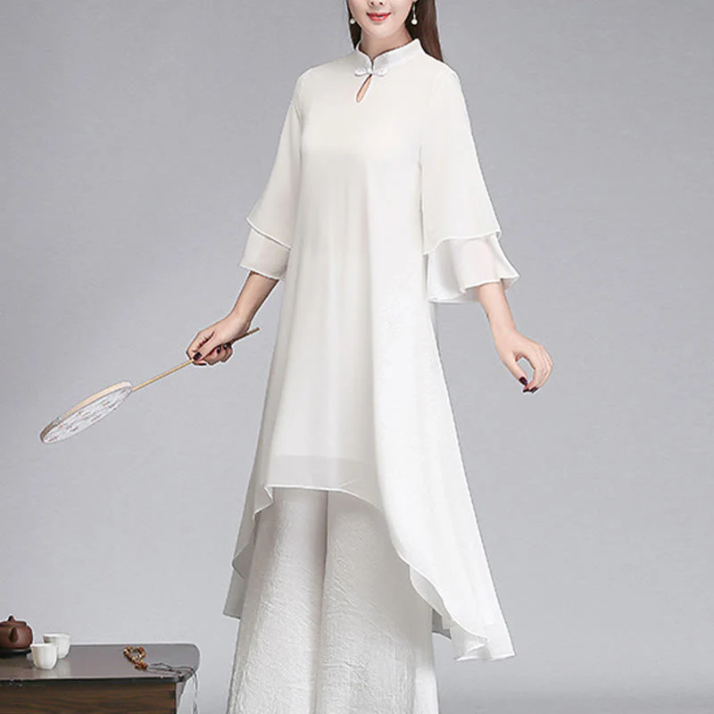 Buddha Stones Solid Women's Three Quarter Sleeve Chiffon Irregular Shirt Dress Wide Leg Pants Meditation Clothing