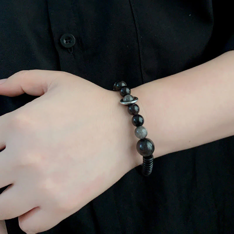 Buddha Stones Silver Sheen Obsidian Coconut Shell Protection Bracelet