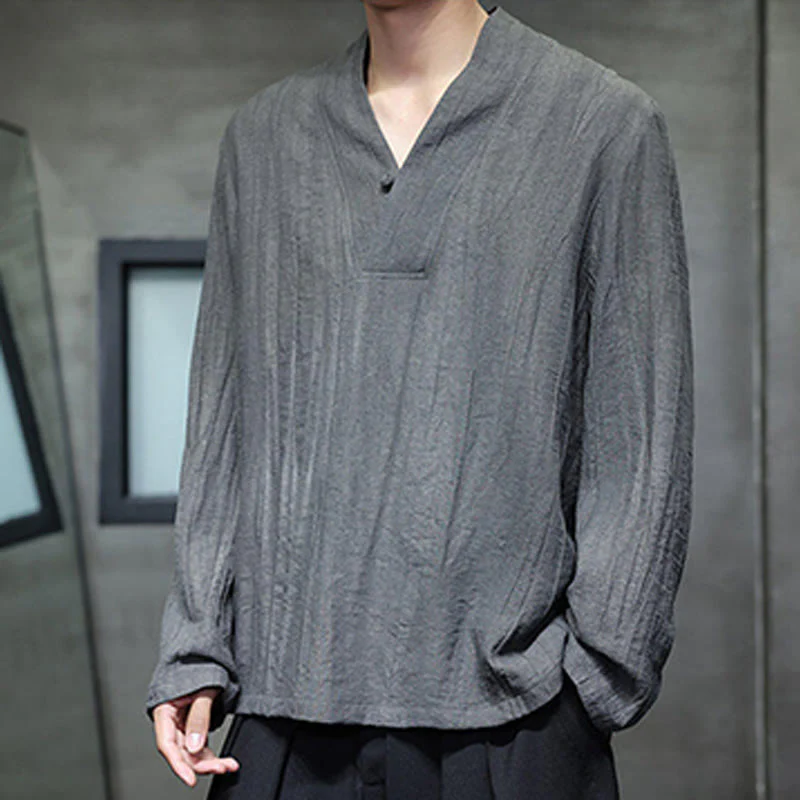 Buddha Stones Plain V-Neck Long Sleeve Men's Linen Shirt