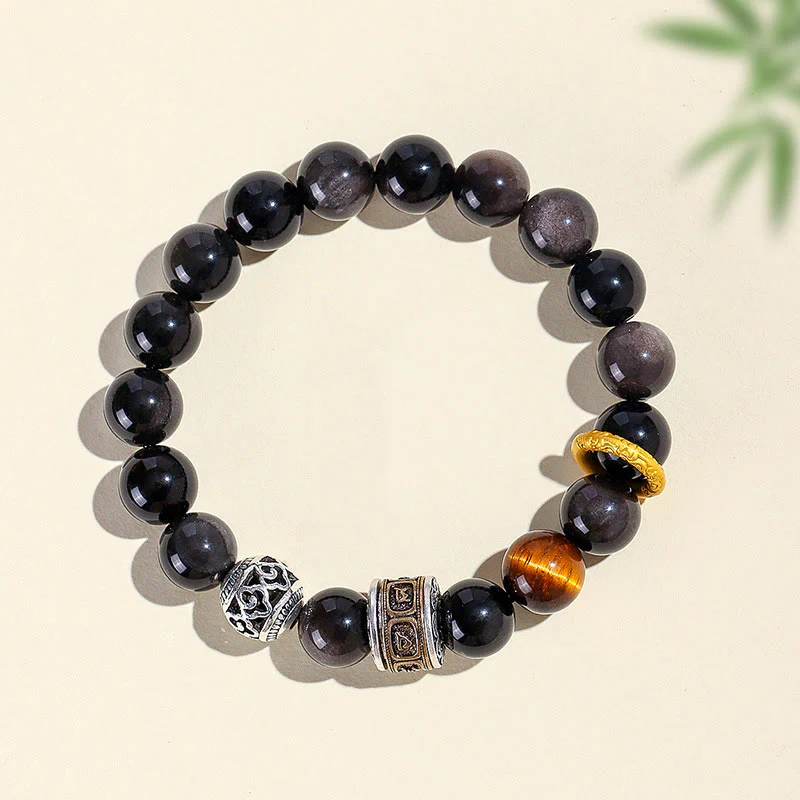 Buddha Stones Silver Sheen Obsidian Tiger Eye Om Mani Padme Hum Protection Bracelet