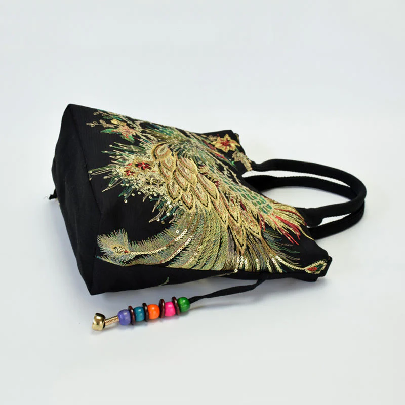 Buddha Stones Peacock Double-sided Embroidery Tote Bag Shoulder Bag Crossbody Bag