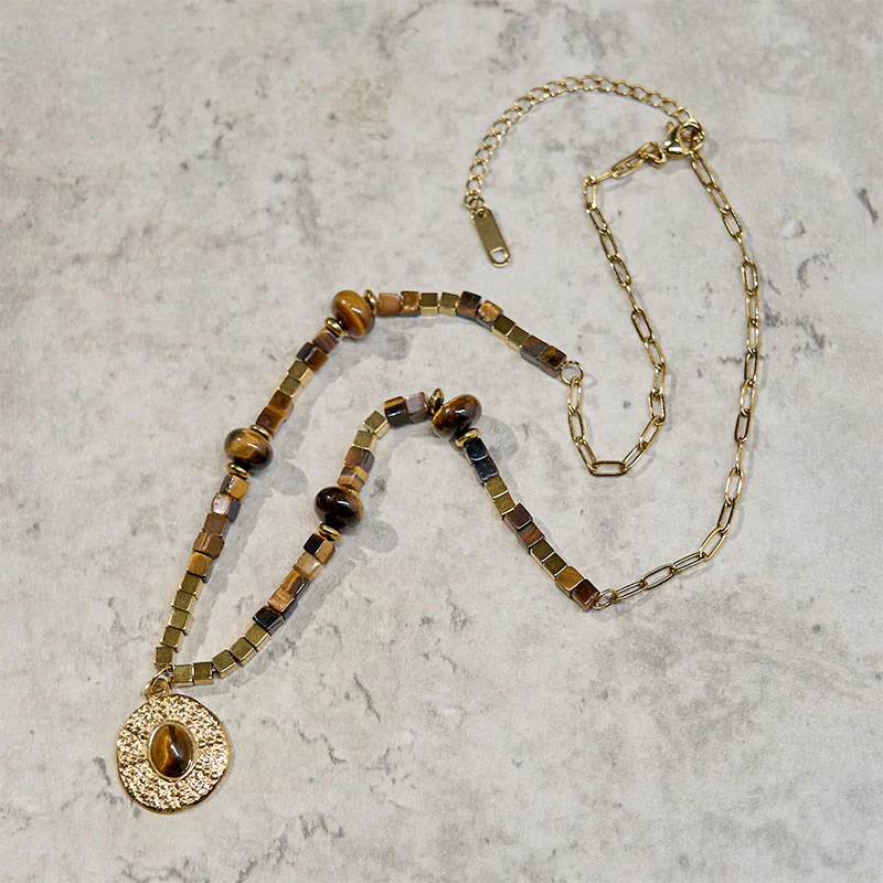 Buddha Stones Natural Tiger Eye Square Protection Titanium Steel Necklace Pendant