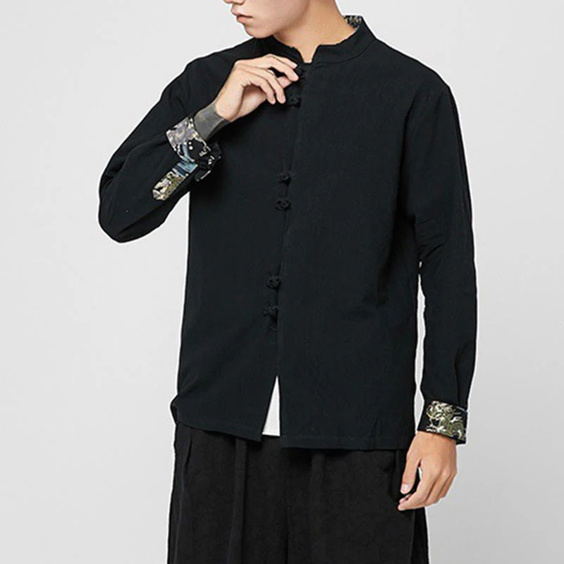 Buddha Stones Men's Frog-Button Dragon Pattern Cuffs Cotton Long Sleeve Shirt