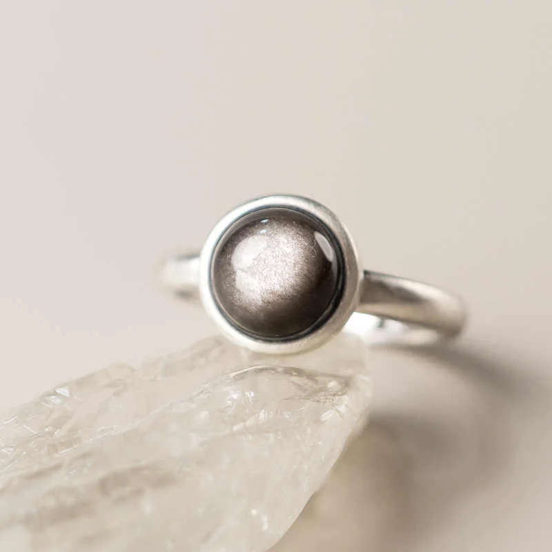 Buddha Stones Natural 925 Sterling Silver Silver Sheen Obsidian Adjustable Protection Ring