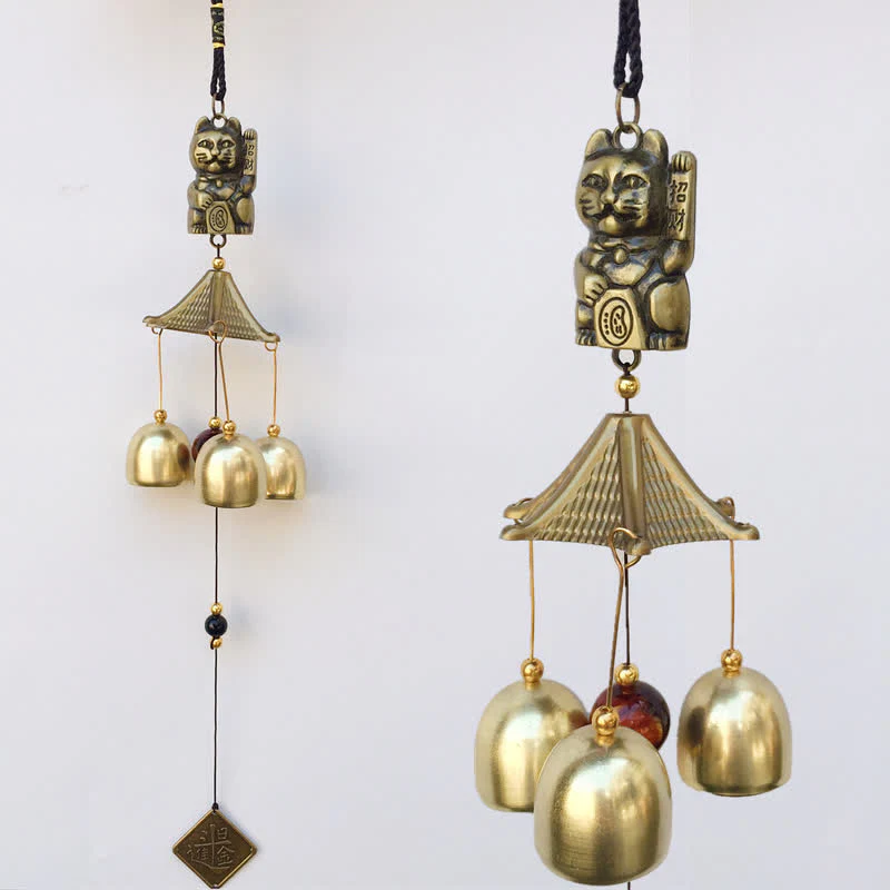 Buddha Stones Auspicious Wealth Cat Wall Hanging Chime Bell Copper Luck Handmade Home Decoration