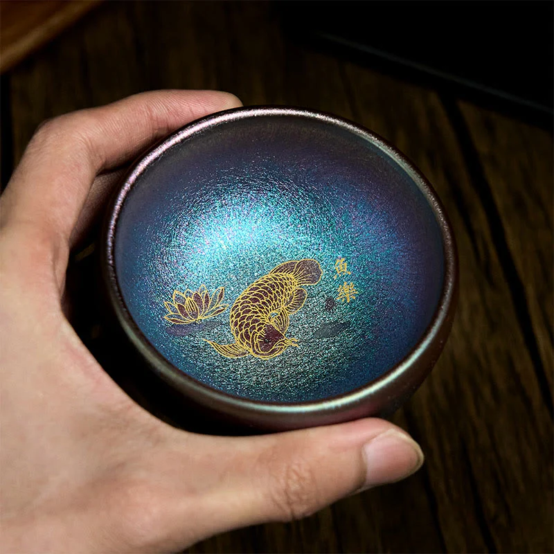 Buddha Stones Handmade Chinese Jianzhan Koi Fish Lotus Leaf Ceramic Teacup Kung Fu Tea Cup 150ml