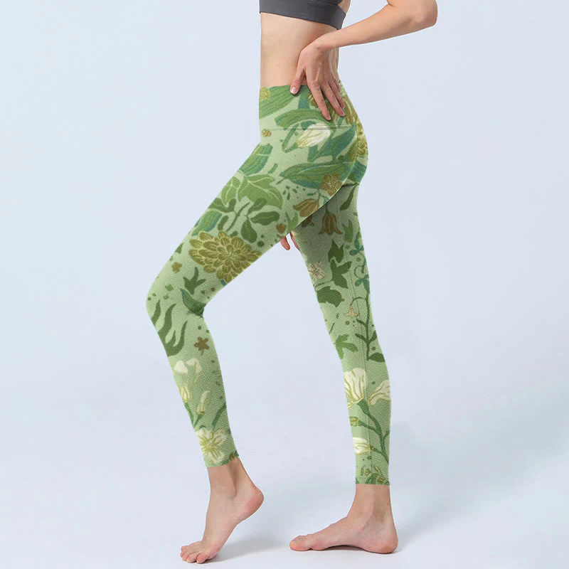Buddha Stones Various Flower Leaves Pattern Print Gym Leggings Women's Yoga Pants