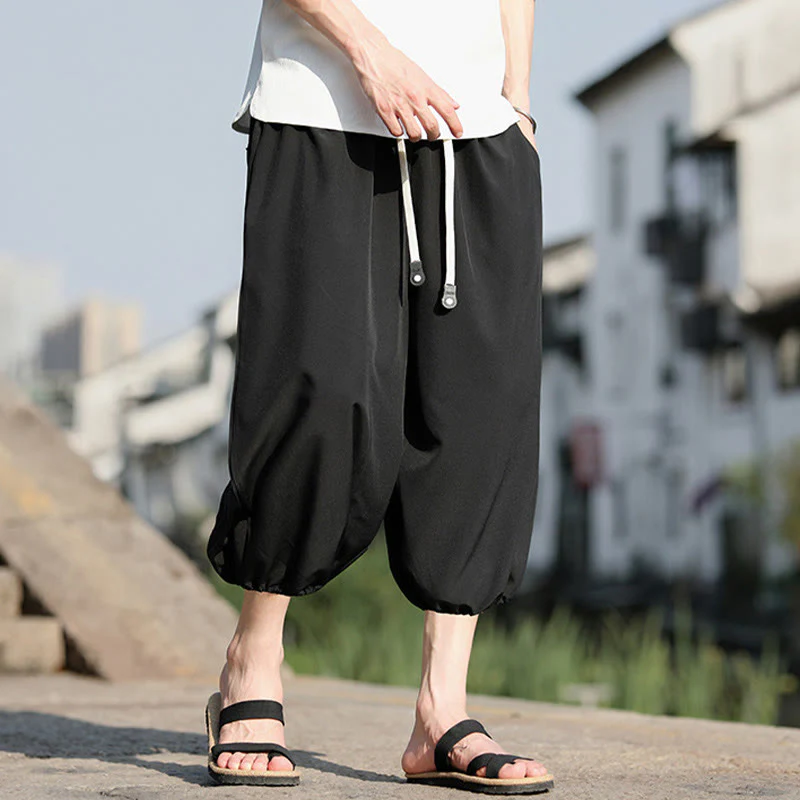 Buddha Stones Solid Drawstring Men's Capri Cropped Harem Pants With Pockets