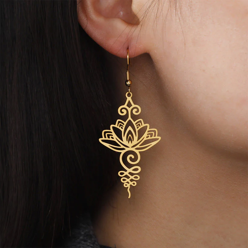 Buddha Stones Hollow Lotus Flower Stainless Steel Enlightenment Metal Drop Earrings