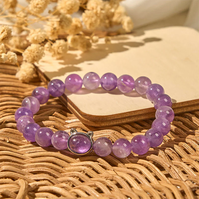 Buddha Stones Natural Amethyst Bead Cute Cat Healing Bracelet