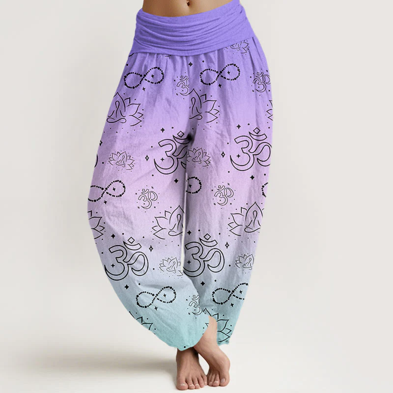 Buddha Stones OM Symbol Lotus Meditating Figure Infinity Pattern Women's Elastic Waist Harem Pants
