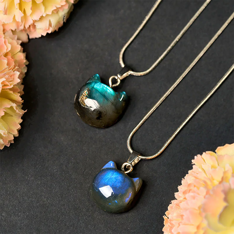 Buddha Stones Natural Cat Pattern Labradorite Healing Necklace Pendant