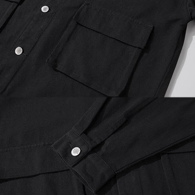 Buddha Stones Long Sleeve Button Stand Collar Design Men's Cotton Jacket Shirt With Pockets