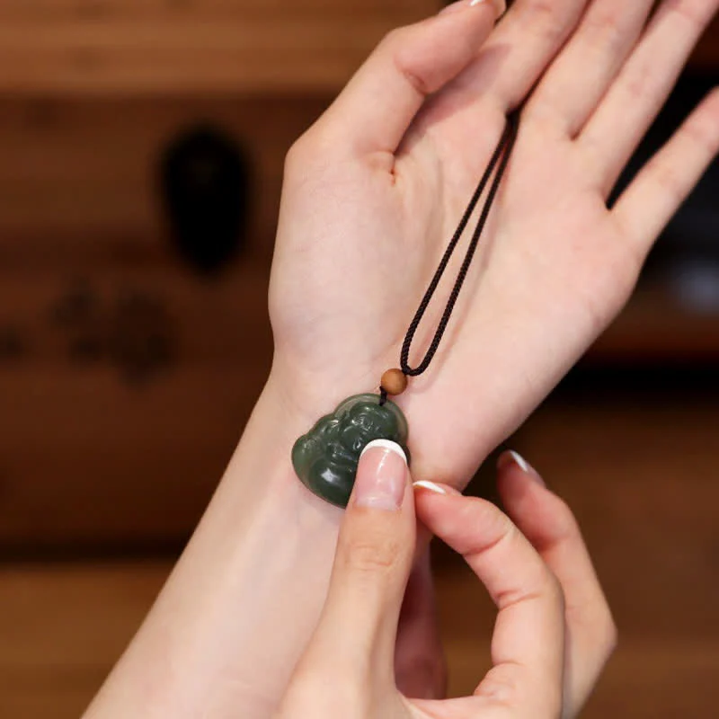 Buddha Stones Laughing Buddha Hetian Jade Healing Calm Necklace String Pendant