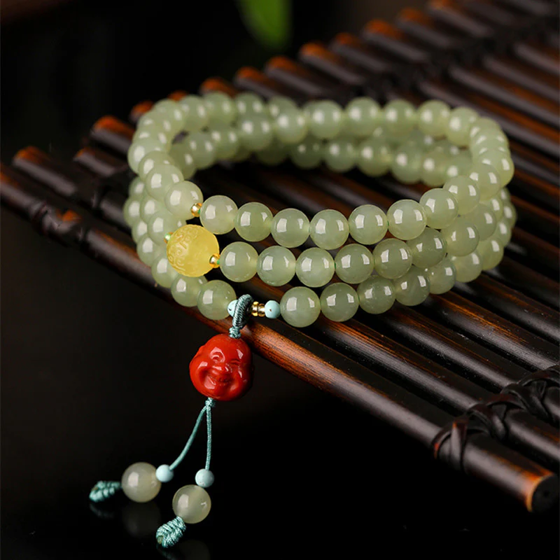 Buddha Stones Jade Red Agate Amber Laughing Buddha Prosperity Bracelet