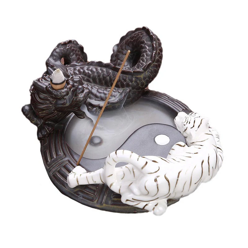 Buddha Stones Tiger Dragon Backflow Smoke Fountain Ceramic Yin Yang Blessing Incense Burner Decoration