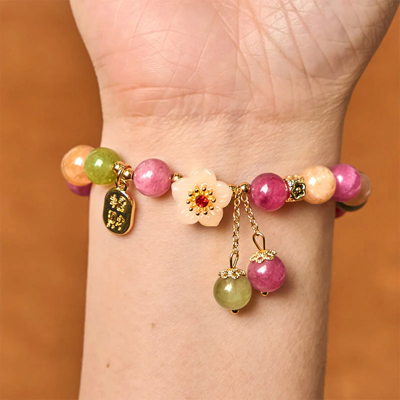 Buddha Stones Natural Tourmaline Fu Character Flower Lucky Brand Bracelet