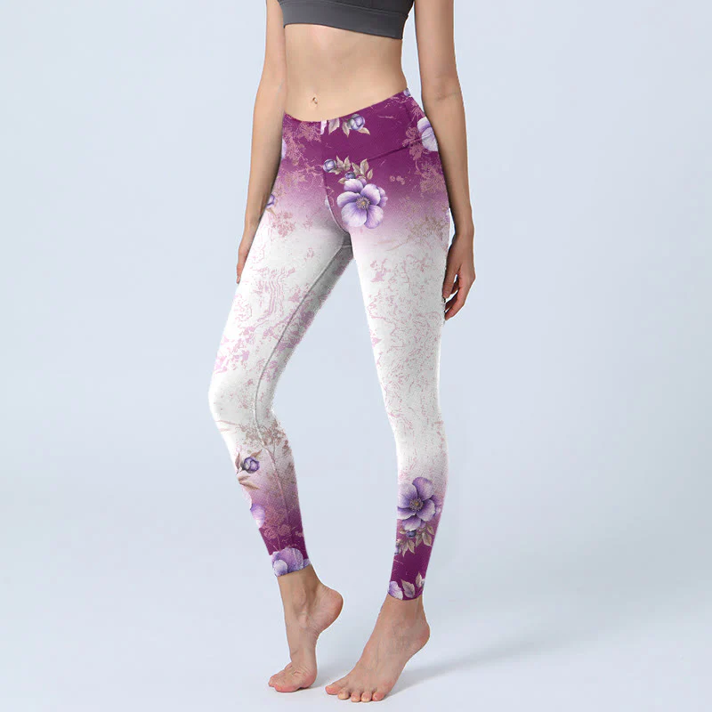 Buddha Stones Purple Floral Print Gym Leggings Women's Yoga Pants