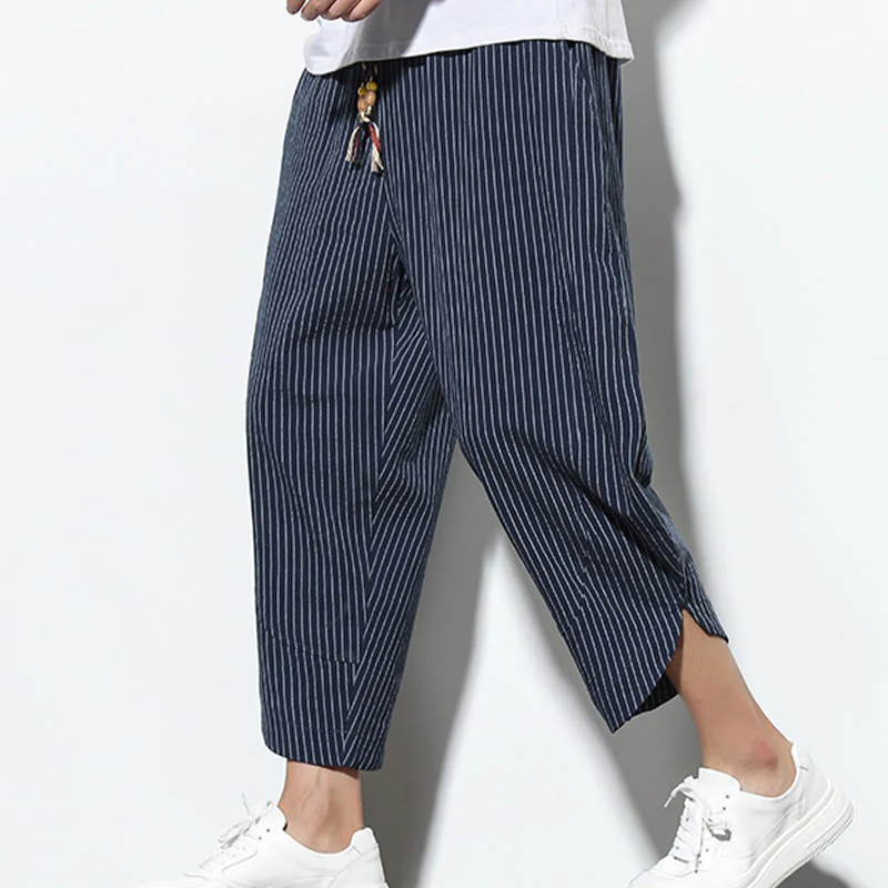 Buddha Stones Summer Stripes Pattern Drawstring Cotton Linen Men's 7-8 Length Harem Pants With Pockets