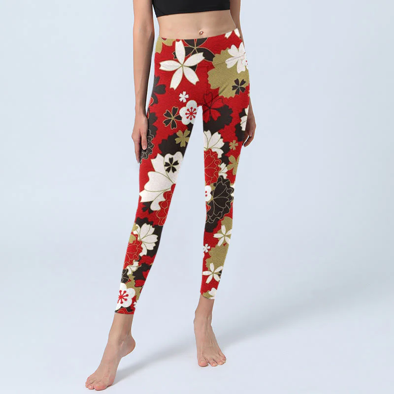 Buddha Stones Cherry Blossom Petals Pattern Print Gym Leggings Women's Yoga Pants