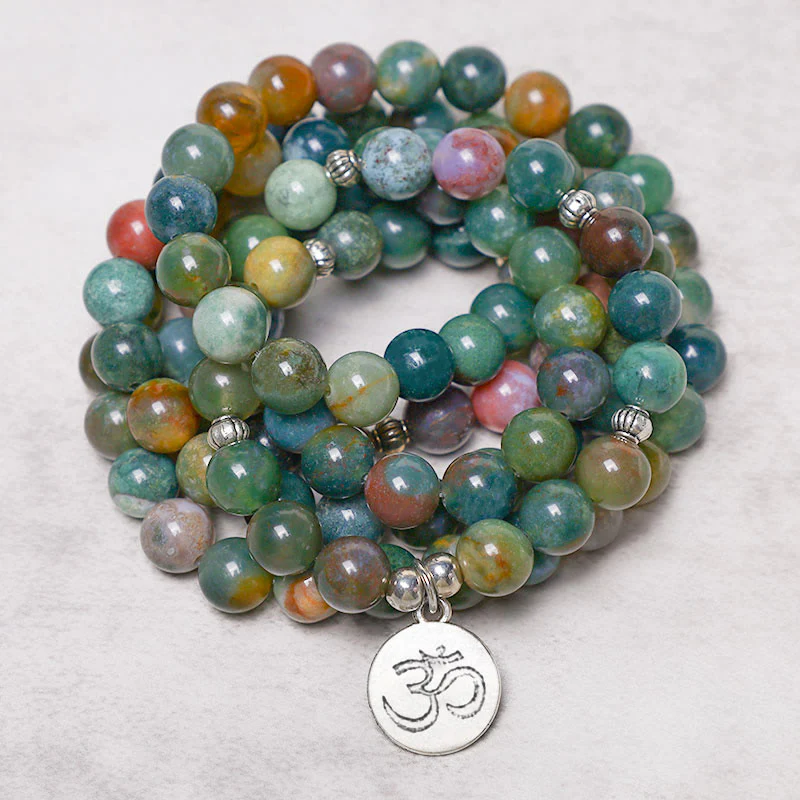 Buddha Stones 108 Mala Beads Indian Agate Lotus OM Buddha Tree of life Positive Calm Bracelet