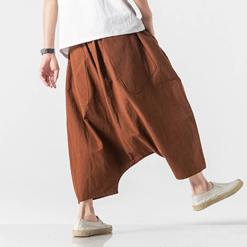 Buddha Stones Casual Low Crotch Design Drawstring Men's 7-8 Length Cotton Linen Wide Leg Pants With Pockets