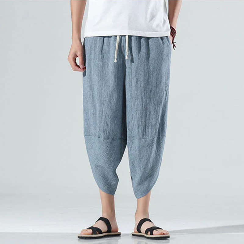 Buddha Stones Plain Simple Design Drawstring 7-8 Length Linen Men's Harem Pants With Pockets