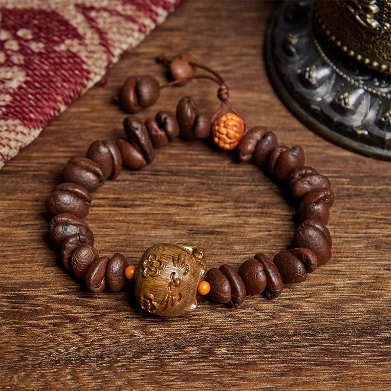 Buddha Stones Handmade Lucky Cat Real Coffee Beans Sandalwood Bracelet